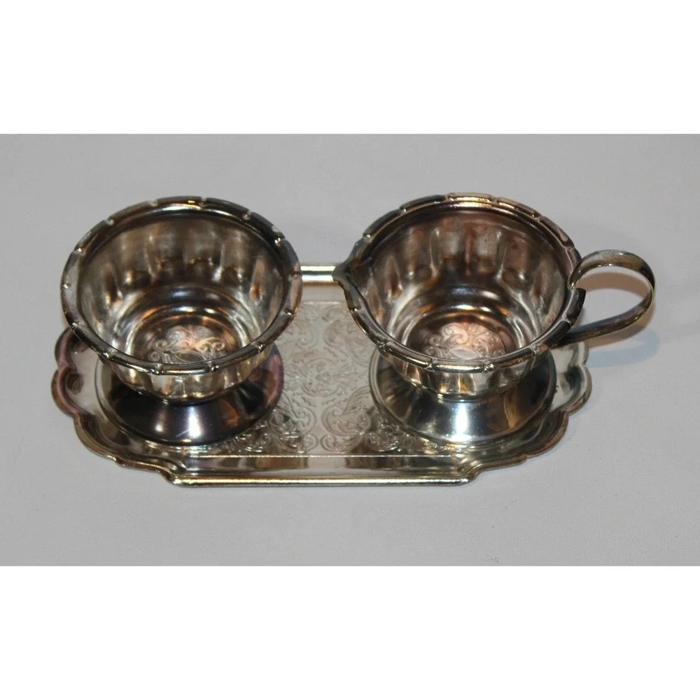 vintage metal cream & sugar bowl set with tray ornate scrollwork 3-pc